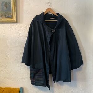 VTG BLUE FISH COAT TOPPER 2 COTTON KNIT HANDPAINTED BUTTON HOODED LAGENLOOK USA